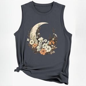 Women's Grey Floral Moon Graphic Tank Top